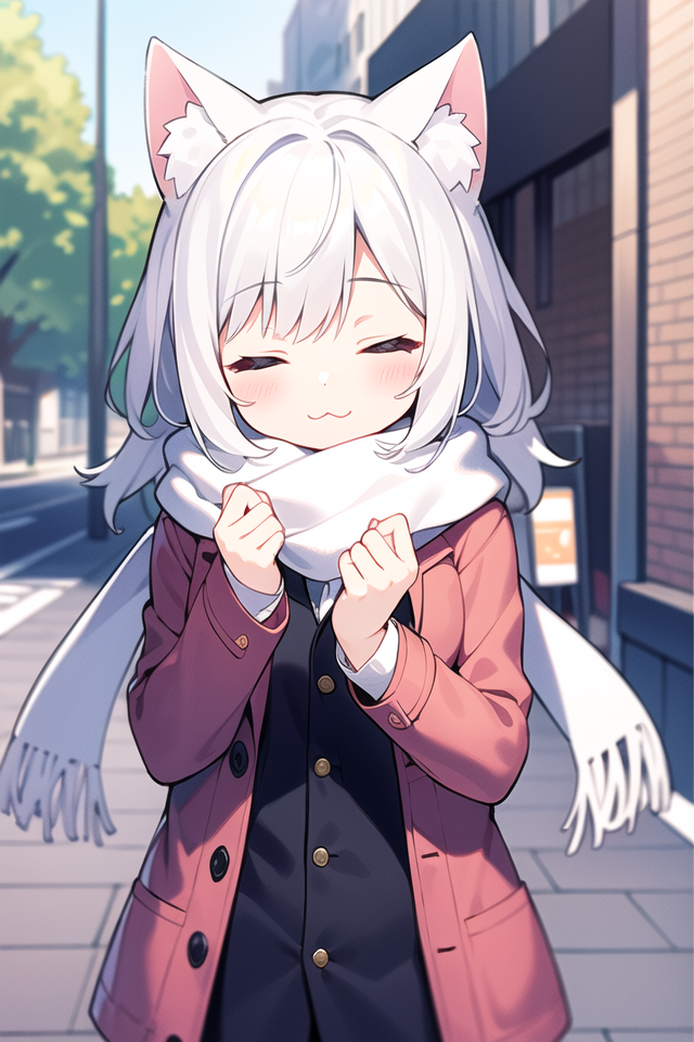 06812-4188565268-masterpiece, best quality, 1girl, white hair, medium hair, cat ears, closed eyes, looking at viewer, _3, cute, scarf, jacket, ou.png